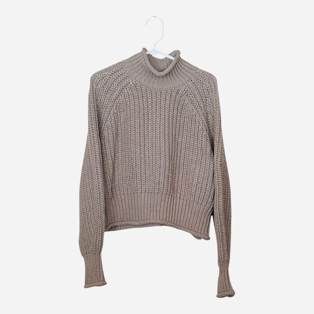 H&M Chunky Knit Turtleneck Sweater Large Cropped Boxy Textured Slouchy Beige